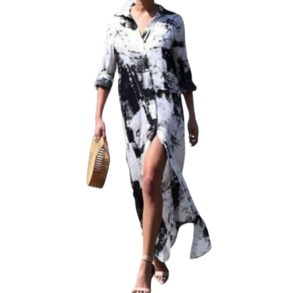 Dress Day Abstract Oversized Button Front Shirt Dress Black White Maxi - Picture 1 of 13